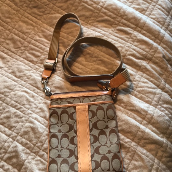 Tan fabric/leather trimmed coach crossbody - Picture 1 of 8